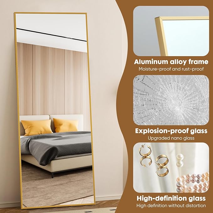 OLIXIS Full Length Mirror 71"x26" for Bedroom, Full Body Mirror with Stand, Hanging or Leaning for Wall, Aluminum Alloy Thin Frame Floor Standing for Living Room, Long, Classical Gold