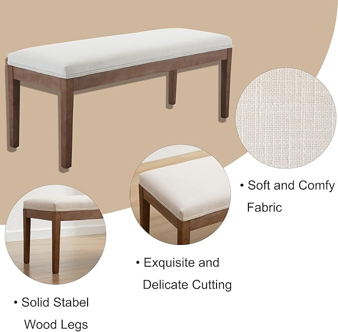 Upholstered Entryway Bench Farmhouse Shoe Benches for Hallway Porch Bedroom Bench for End of Bed Dining Bench for Dining Table Dining Room Kitchen Window with Wood Legs, Linen, Beige