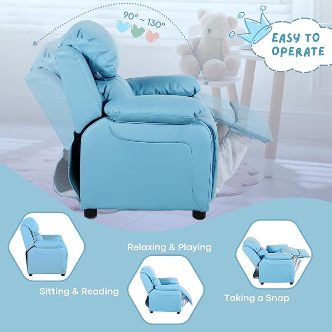 JC Home Macaron Kids Reclining Chair Leather Recliner Sofa Push Back Toddler Youth Children Child Ages 2-8