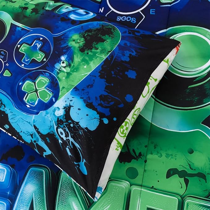 NTBED Game Console Comforter Set for Boys Girls Kids Tie Dye GamingLightweight Microfiber Gamer Bedding Sets (Blue Green, Full 5Pcs)