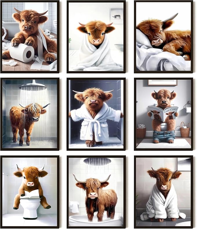 SEHSUVC Funny Bathroom Cow Posters Wall Art Set of 9, Highland Cow Canvas Prints Pictures, Art Animal Restroom Wall Decor for Bathroom Bedroom Babyroom Decoration 8x10In Unframed
