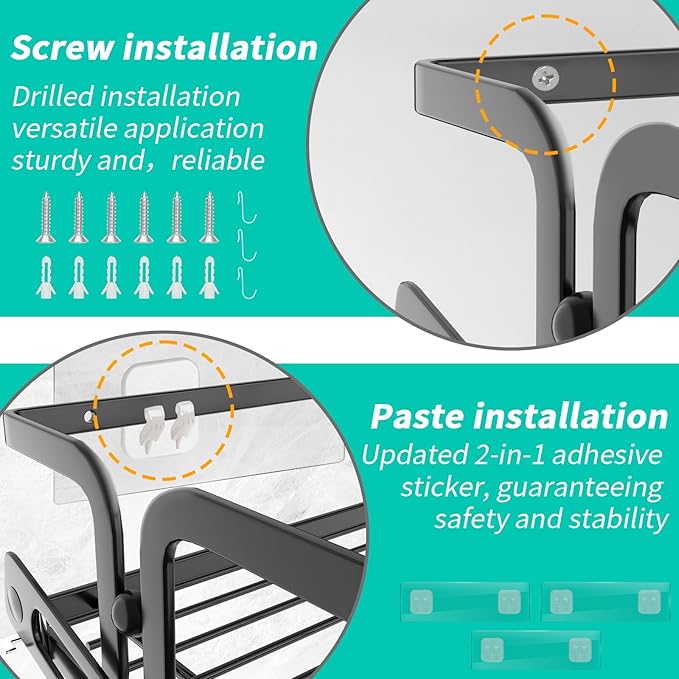 3 Pack Spice Rack Wall Mount | Kitchen Paper Towel Holder + 3 Hooks | Heavy Duty Metal Spice Jar Organizer | Screw/Adhesive (No Drill!) for Cabinet/Countertop/Pantry | S/M/L Sizes Black