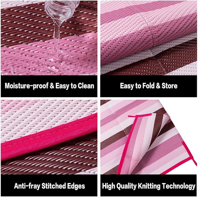 Outdoor Waterproof Rug 8'x10' Plastic Straw Rugs Washable Reversible Floor Mat Pink Stripe Carpet for Camping RV Deck Entryance Porch Picnic Balcony Beach Backyard