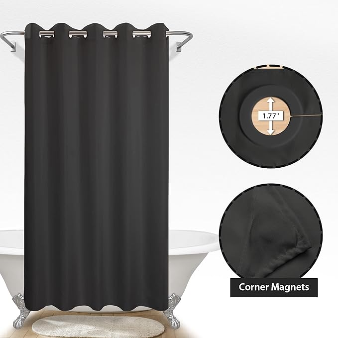 Extra Long No Hook Black Shower Curtain or Liner Soft Microfiber - 84" Length Fabric Shower Curtain Liner Set, Machine Washable & Water Repellent, Black, 71x86