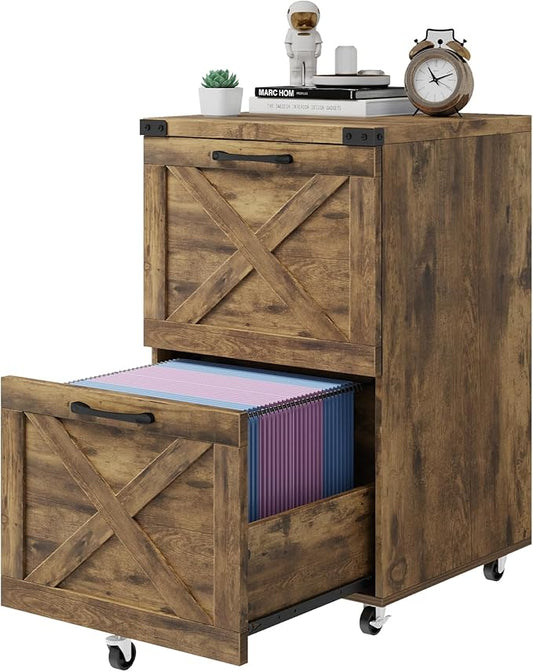 Farmhouse File Cabinet with 2 Drawers, Vertical Filing Cabinet on Wheels for Letter/A4 Size Hanging Files, Mobile File Cabinets Printer Stand for Home Office, Rustic Brown