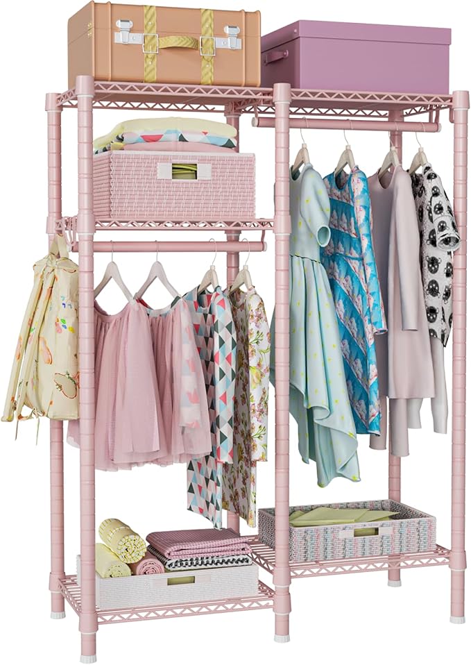 Ulif F1 Clothes Rack for Kids, Baby, Students, and Children's Room, 4 Tiers Portable Metal Closet Clothing Rack, Small Garment Rack with 2 Hanging Rod, 31.2" W x 11.8" D x 48" H, Pink