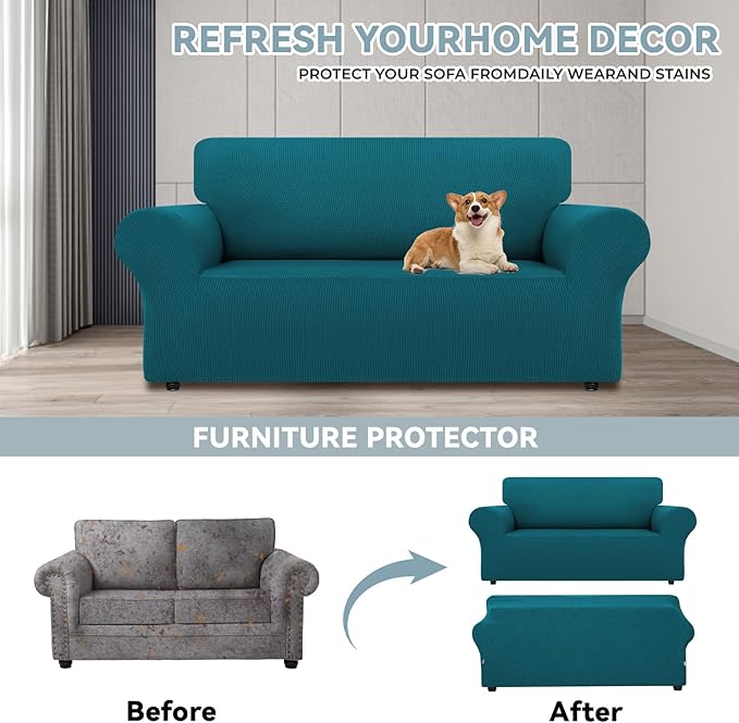 LURKA Stretch Loveseat Sofa Slipcovers 1 Piece Couch Covers for Sofa Furniture Protector Full Sofa Covers with Elastic Bottom for Kids and Dog (Medium,Peacockblue)