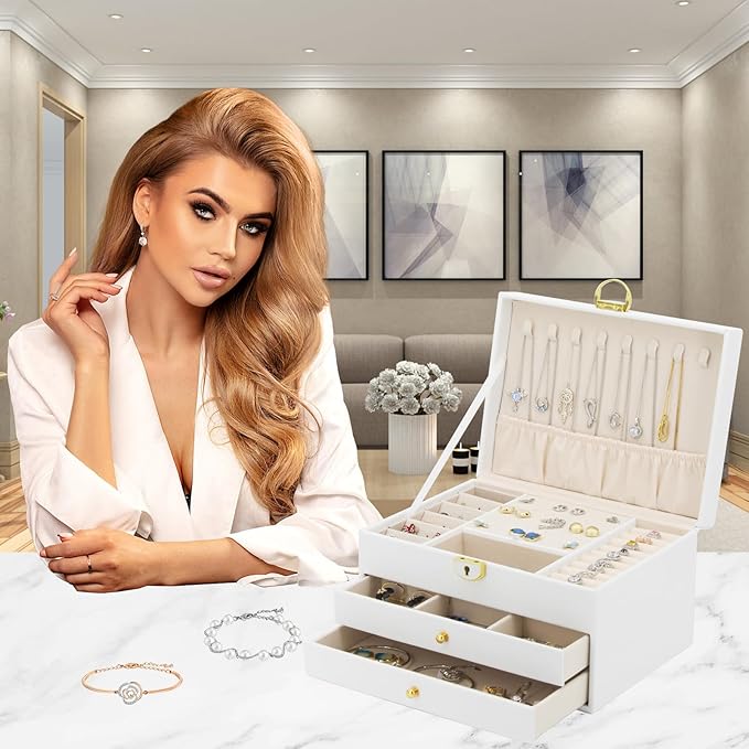 KOOAAICCHI Jewelry Box for Women, 3-Layer Jewelry Organizer, Jewelry Storage Case PU Leather for Earrings, Bracelets, Ring, Necklaces-White