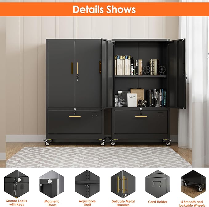 Aobabo Metal 1 Drawer Office File Cabinet with Lock and 2 Doors, Office Steel Files Cabinet with Wheels, Legal/Letter A4 Size, Assembly Required, Black