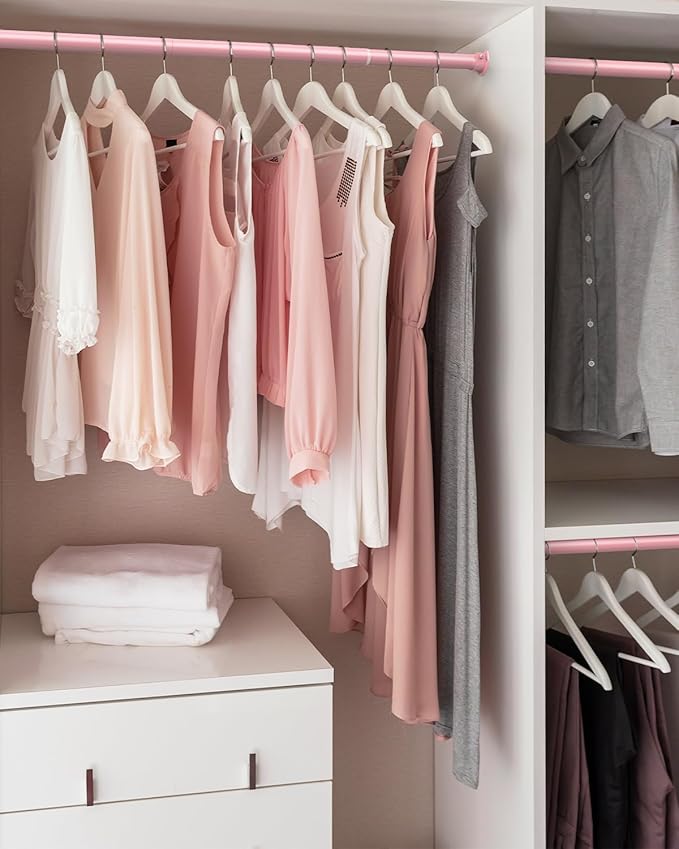 Closet Rods for Hanging Clothes, 17 to 54 Inches Stepless Adjustable Metal Closet Rod, 1.3 Inches Heavy Duty Clothes Hanging Rod for Closet Wardrobes Laundry RV, Pink