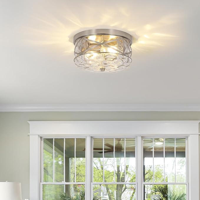 LamQee 9.8" Small Flush Mount Ceiling Light With Clear Hammered Glass, Brushed Nickel Hallway Light Fixtures Ceiling Mount for Bathroom, 2-Lights Farmhouse Close To Ceiling Light Kitchen Foyer Bedroom