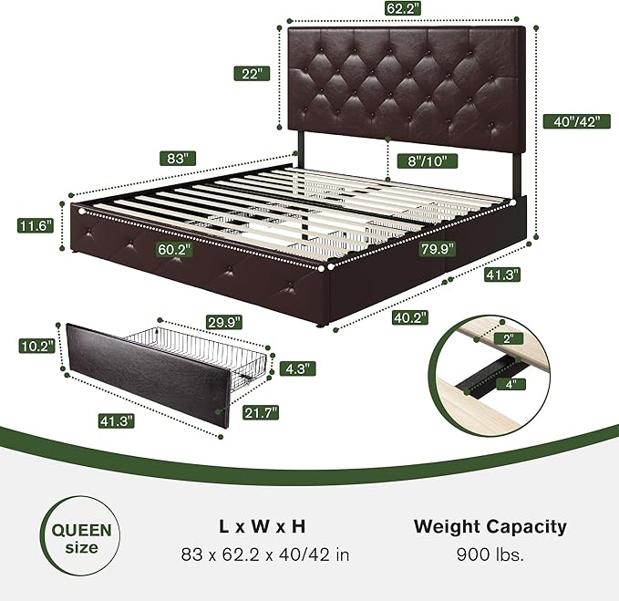 MUTICOR Queen Size Bed Frame with 4 Storage Drawers, Upholstered Platform Bed with Button Tufted Adjustable Headboard, No Box Spring Needed, Easy Assembly, Diamond Tufted, Brown Leather