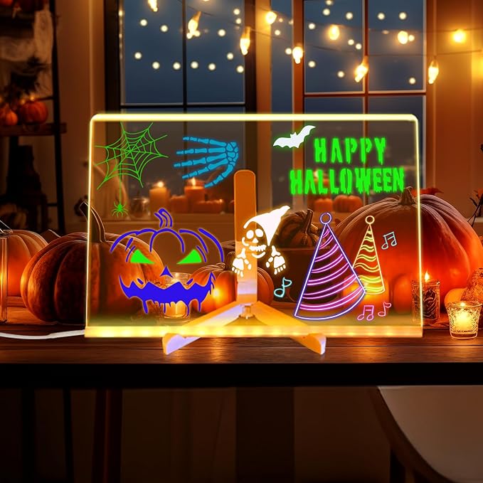 LED Acrylic Message Board, Light Up Acrylic Dry Erase Board 11.8x7.9” with Stand, LED Note Board with Colors for Kids, Glow Memo Message Writing Board with Light, Drawing Stencils Set Included