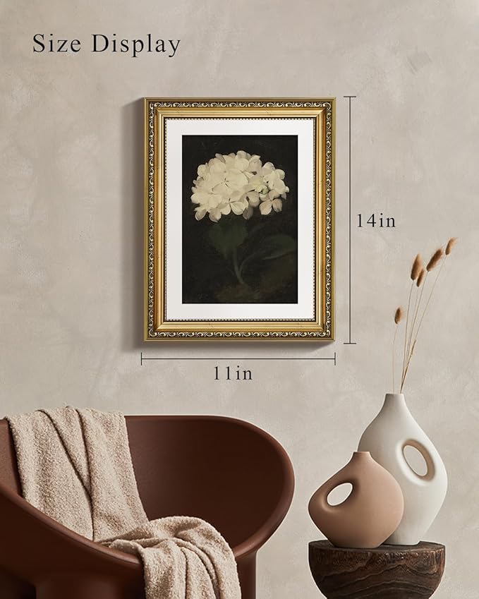 VIYYIEA Gold Framed Wall Art Canvas Print Home Decor Vintage Flower Art Aesthetic Room Decor White Hydrangea Oil Painting Canvas Prints Bedroom Bathroom Wall Decor Kitchen Office Floral Art 11x14in