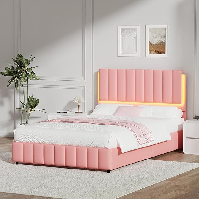 Queen Bed Frame with Headboard and LED Lights, Modern Upholstered Faux Leather Platform Bed with Wooden Slats Support, No Box Spring Needed, Easy Assembly, Pink