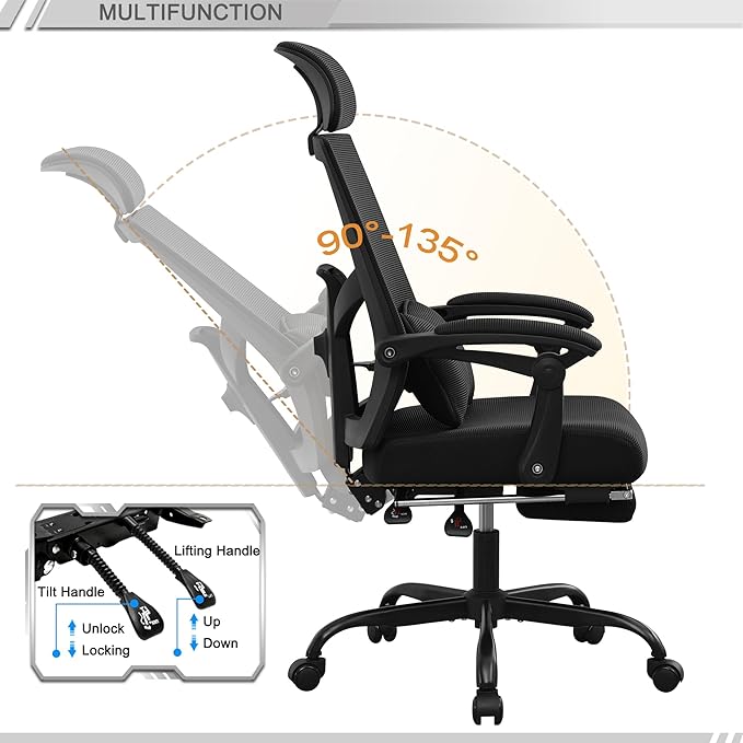 Qulomvs Ergonomic Office Chair with Footrest Home Office Desk Chair with Headrest and Backrest 90-135 Adjustable Mesh Computer Desk Chair with Wheels 360 Swivel Task Chair
