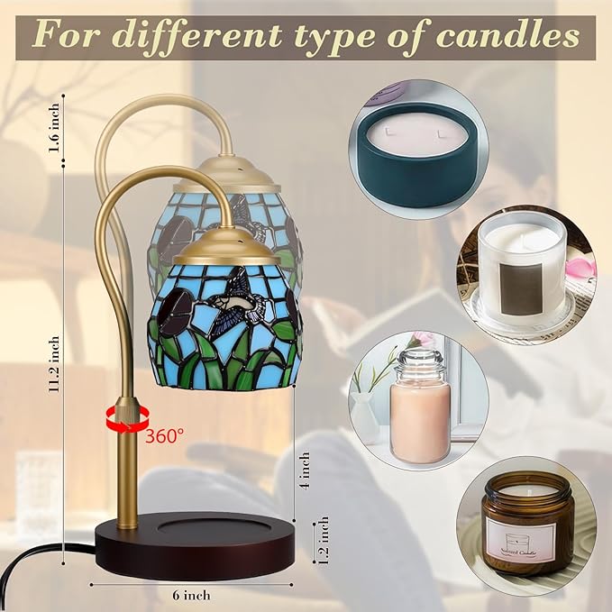 Candle Warmer Lamp with Timer Dimmer, Adjustable Height Candle Warmer for Jar Candles, Birthday Gifts for Women New Home Bedroom Decor Tiffany Dragonfly Style Stained Glass with 2 Bulbs