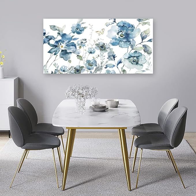 Flower Canvas Wall Art Blue Floral Canvas Painting Pictures for Gallery Wall Decor Butterfly Flies in Indigo Flowers Canvas Prints Artwork for Living Room Bedroom Home Wall Decorations 40" X 20"