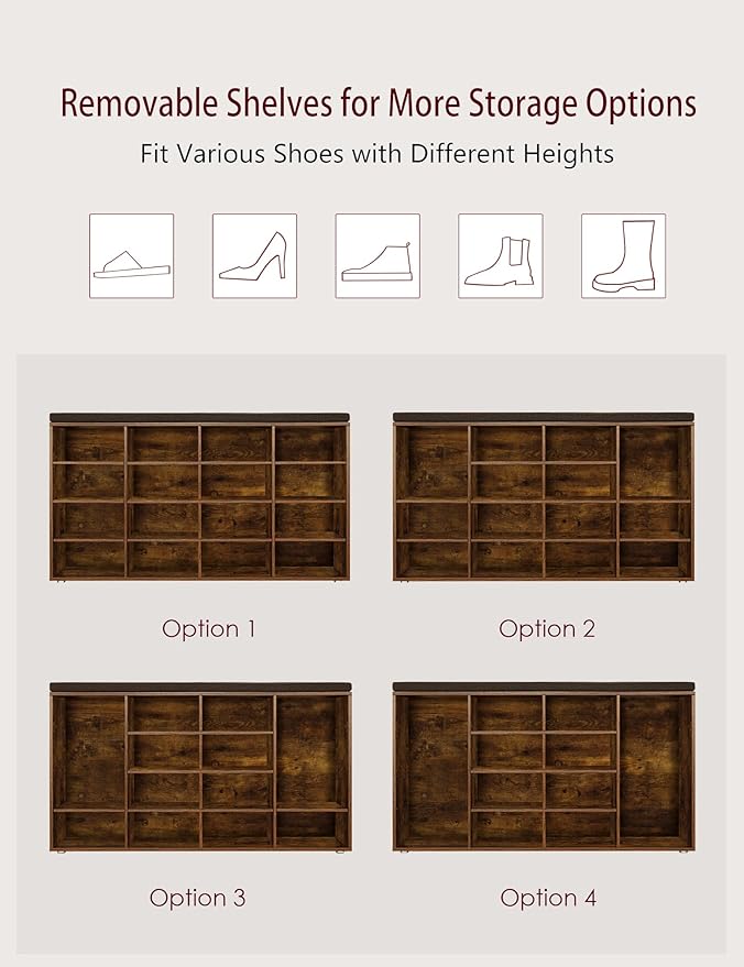 DINZI LVJ Shoe Storage Bench with Cushion, 16-Cubby Shoe Rack, Adjustable Shelves, Multifunctional Shoe Organizer Bench for Entryway, Mudroom, Hallway, Living Room, Bedroom and Garage, Rustic Brown