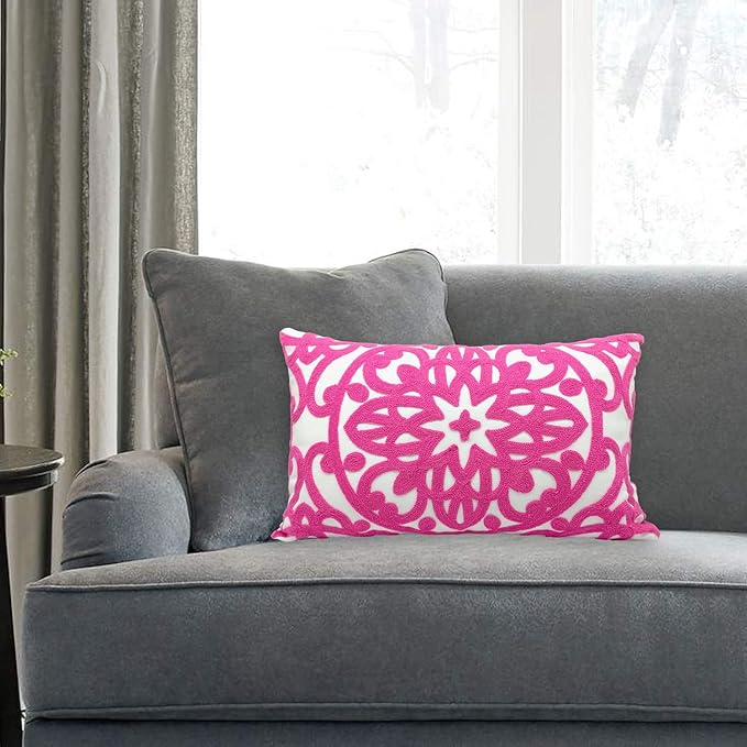 Alysheer Embroidered Lumbar Decorative Throw Pillow Cover 12"x 20", Classic Boho Mandala Embroidery Pattern Cotton Rectangular Cushion Case for Sofa Couch Living Room Bedroom(Bright Hot Pink)