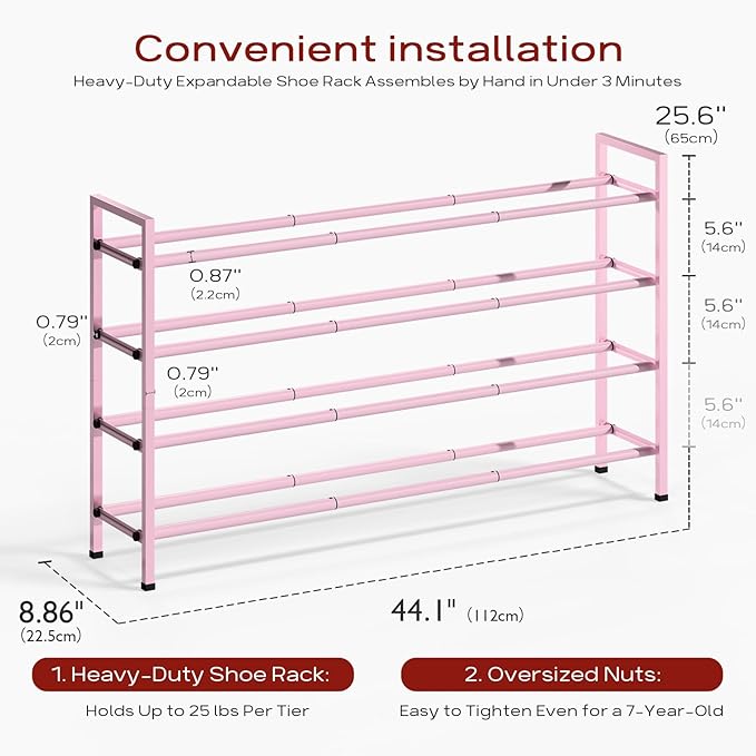 Bumusty 4-Tier Long Expandable Shoe Rack for Closet, 18"-44" Adjustable Shoe Rack for Entryway, 20-24Pairs Large Shoe Organizer Shelf Storage, Sturdy Metal, Black