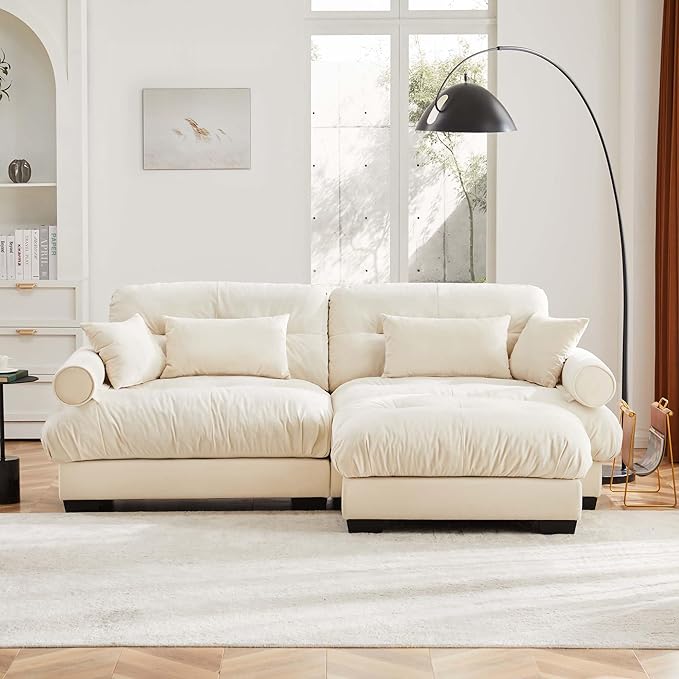 Ball & Cast 93.7" Modern Sectional Sofa,L-Shaped Sectional 2-Seater Loveseat with Movable Ottoman,Pillows and Overthick Cushion,Big Comfy Couch for Living Room,Reading Room,Loft and Bedroom,Cream