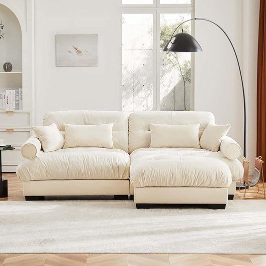 Ball & Cast 93.7" Modern Sectional Sofa,L-Shaped Sectional 2-Seater Loveseat with Movable Ottoman,Pillows and Overthick Cushion,Big Comfy Couch for Living Room,Reading Room,Loft and Bedroom,Cream