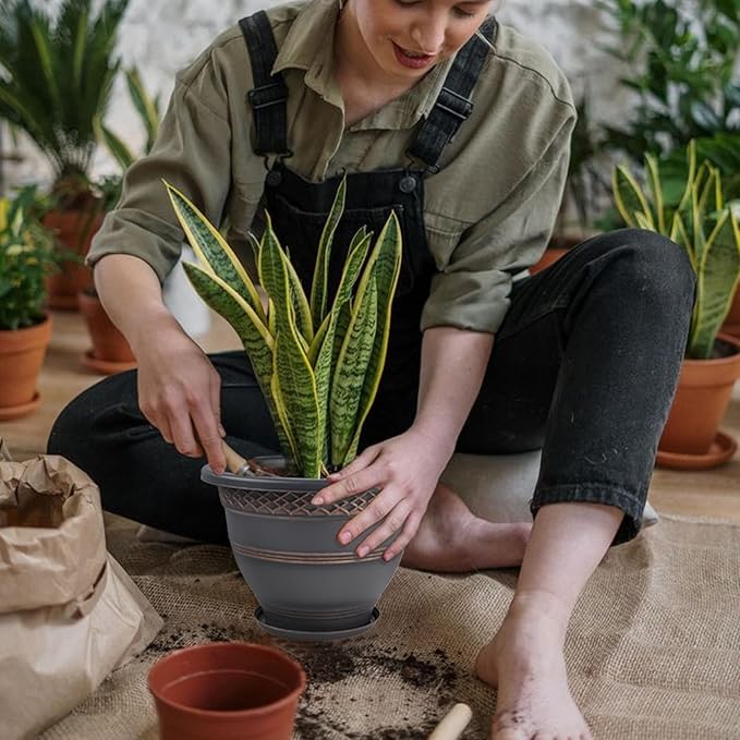 6 Pack 8 Inch Plant Pots, Plastic Flower Pot for Indoor & Outdoor with Drainage Holes & Saucer, Plaid Pattern Planters Garden Pots for Herbs