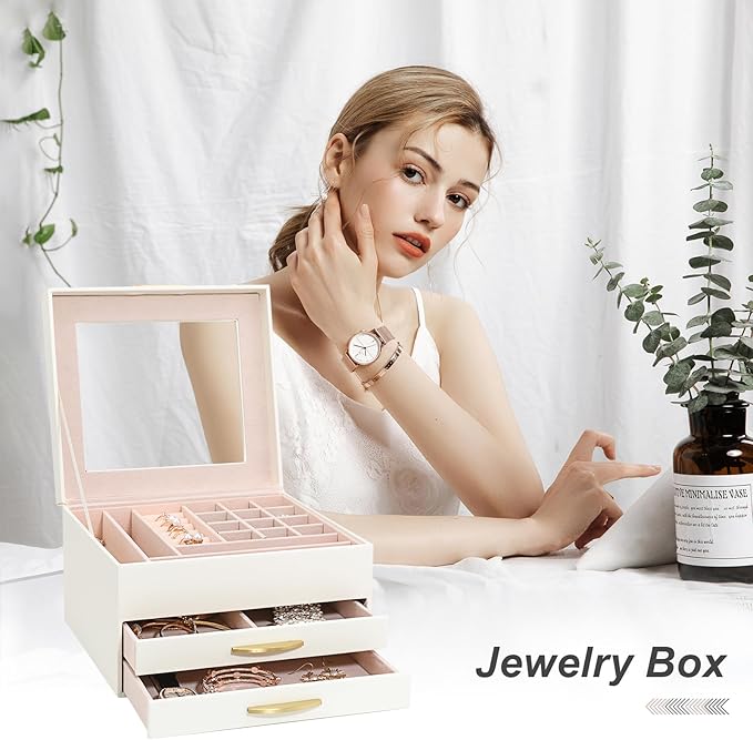 Jewelry Storage Box with Glasses Lid, 3-Tiers Jewelry Organizer Box for Women Girls, Jewelry Case for Rings, Bracelets Earrings, Necklaces (White)