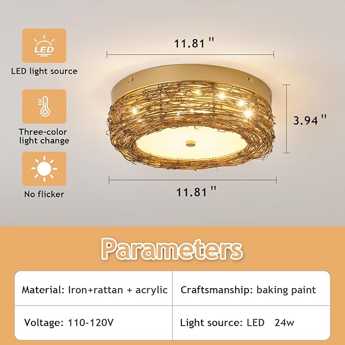 11 inch Rattan Light Fixture Boho Flush Mount Ceiling Light Hand Woven LED Ceiling Lamp for Hallway Bedroom Kitchen Entryway Living Room Nursery