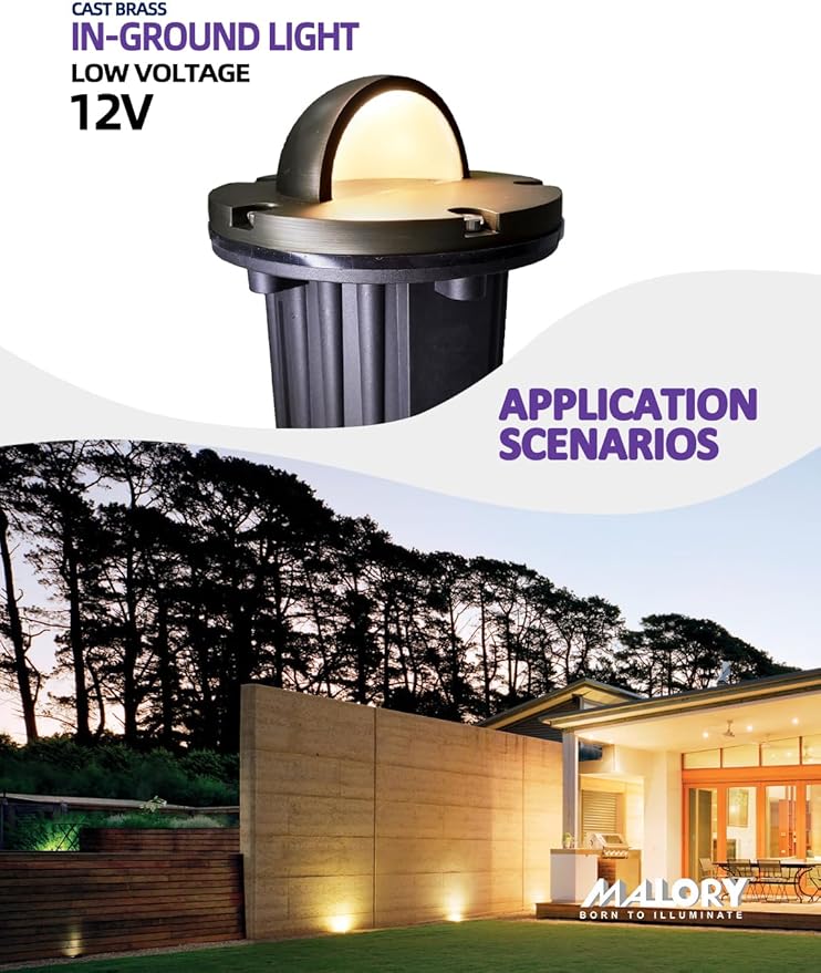 MALORY Brass Top Cover Landscape Well Lights,（6‘’H 12V Low Voltage Outdoor In Ground Lights,Landscape Lighting for Pathway, Driveway and Garden (Beacon Top, 1-Pack with Bulb)