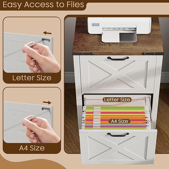 Vertical File Cabinet with 2 Drawers, Wooden Farmhouse Filing Cabinet for Letter/A4 Size Hanging Files, Under Desk Printer Stand with Storage for Home Office, Rustic White