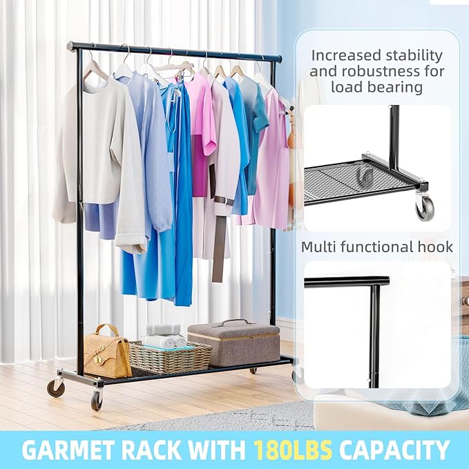 Clothing Clothes Rack on Wheels, Heavy Duty Portable Wardrobe for Hanging Clothes, Garment Rack with Bottom Mesh Shelf, Black