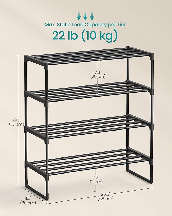 SONGMICS Shoe Rack, 4-Tier Shoe Organizer, Metal Storage Shelf, Upright or Upside Down, for 10-15 Pairs, Stackable, for Entryway, 11.8 x 26.8 x 29.5 Inches, Black ULSA204B01
