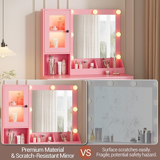 Vanity Desk with Mirror and Lights, Makeup Dressing Table w/Adjustable Bulbs, Outlets & USB Ports, Sturdy MDF Top & Metal Leg, Smart Storage Drawers & Cabinets for Bedroom