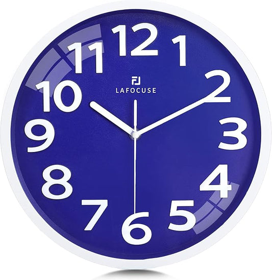 Lafocuse 12 Inch 3D Numbers Blue Wall Clock for Living Room Decor, Modern Kitchen Wall Clock Battery Operated Silent Non-Ticking Bedroom Home Office