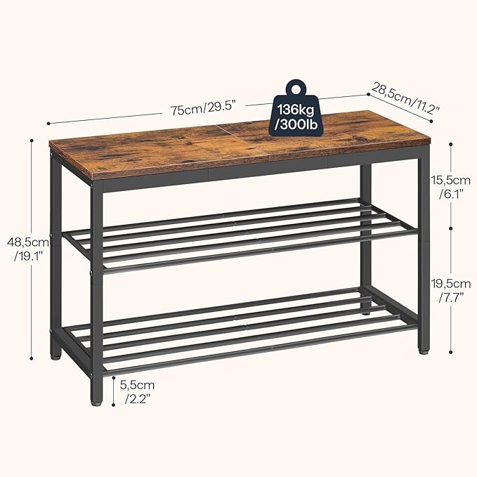 HOOBRO Shoe Storage Bench, 29.5" L Entryway Bench Organizer, 3-Tier Shoe Rack for Closet, Shoe Shelf with Wooden Top Seat, Loads 300 lb, Space-Saving, Rustic Brown and Black BF76HX01