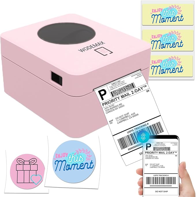 Thermal Shipping Label Printer 4x6 Label Print,Bluetooth Thermal Label Printer,Circle Sticker Printer,Sticker Printer for Small Business,Widely Used for Amazon, Ebay (Pink)