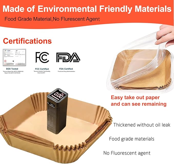 Air Fryer Disposable Paper Liner Square 10 Inch, 100Pcs Largest Square Air Fryer Paper Liners for 8-12QT Air fryer, Non-stick Food Grade Parchment Paper for Frying, Cooking, Roasting and Microwave