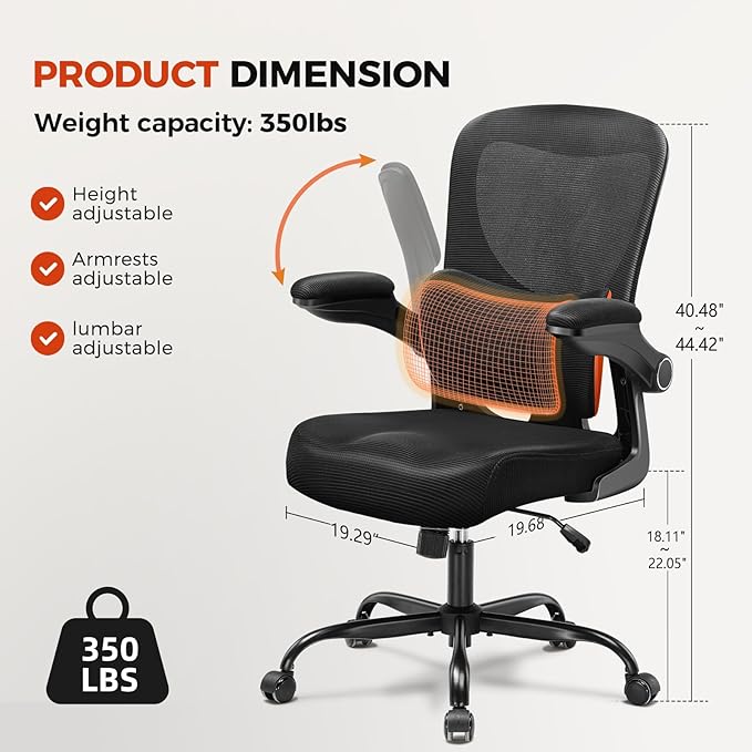 GTRACING Office Chair Ergonomic Desk Chair with 3D Adaptive Lumbar Support, High Back Home Mesh Chair with Flip-Up Arms, Swivel Rolling Computer Seating for Long Desk Work (Black)