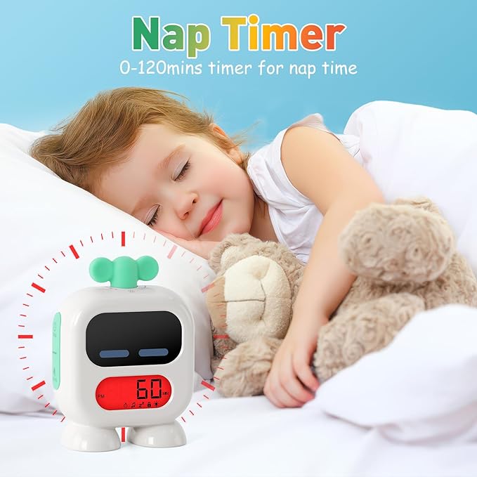 Kids Alarm Clock Ok to Wake with Green Light Red Light, Nap Timer, Robot Toddler Sleep Training Clock for Children (Blue)