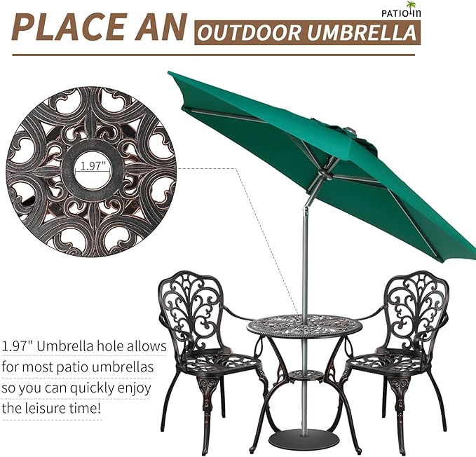 3 Piece Cast Aluminum Bistro Set, Bronze Bistro Table and Chairs Set of 2, 3 Piece Patio Furniture Set with 1.97" Umbrella Hole for Backyard, Balcony, Deck