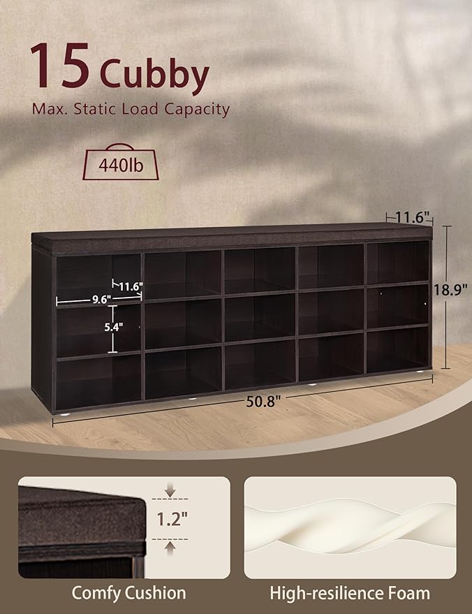 DINZI LVJ Shoe Storage Bench with Cushion, 15-Cubby Shoe Rack, Adjustable Shelves, Long Shoe Organizer Bench for Entryway, Mudroom, Hallway, Living Room, Bedroom and Garage