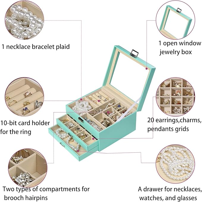 BOOVO Clear Lid Jewelry Box,3 Layers Jewelry Organizer Large Multi-Functional Jewelry Storage Box with 2 Drawers,Jewelry Display Case of Rings Earrings Necklace Bracelets for Women Girls (Turquoise)