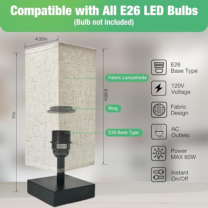 Small Bedside Lamp, Mini Minimalist Table Lamp with Square Flaxen Fabric Shade, 11 Inch Desk Reading Lamp for Bedroom, Living Room, Office, 2 Pack