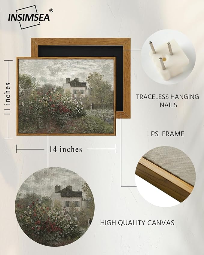 InSimSea Framed Canvas Wall Art Vintage Decor, Garden Full of Flowers Oil Painting Wall Prints by Claude Monet, Retro Scenic Bathroom Decor Wall Art, Farmhouse Office Dining Room Decor, 11"x14"