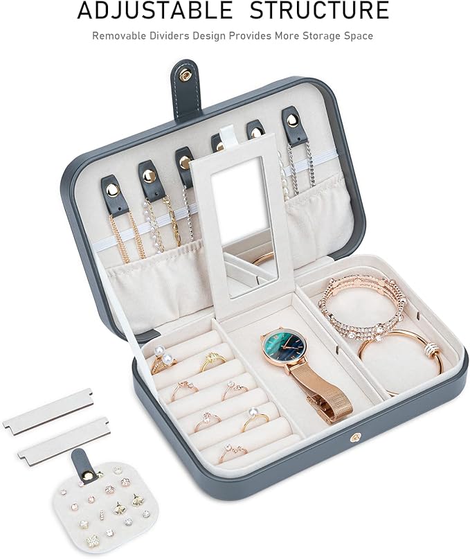 Travel Jewelry Box for Women Travel Jewelry Box Organizer, 2 Tier Portable Small Jewelry Organizer for Earrings Rings Necklaces Watch Bracelets, Grey B