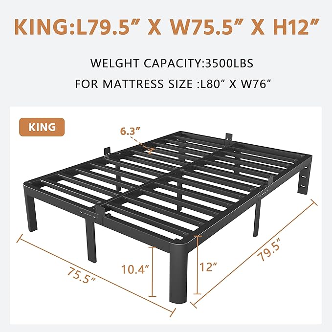 Black King Size Bed Frame 12 Inch, Metal King Bed Frame No Box Spring Needed, DIY Headboard Holes, Heavy Duty Steel Support 3500 LBS, Noiseless, Round Corner Leg, Storage Space, Easy Assembly