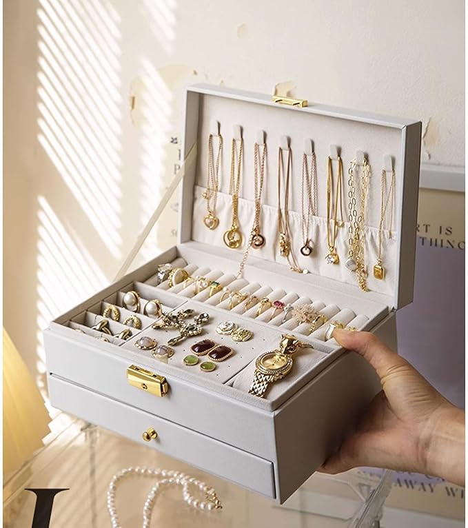 Jewelry Box for Women Girl Wife - Large PU Leather Jewelry Organizer Storage Case with Two Layers Display for Earrings Bracelets Rings Watches (White)