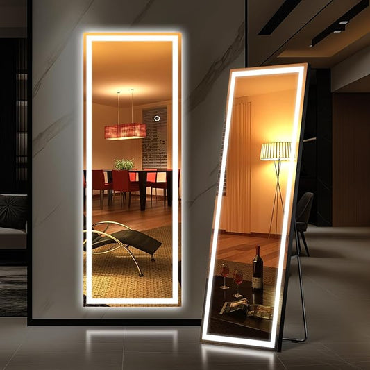 56"x18" Full Length LED Mirror with Lights, Dimmable Standing/Wall Mirror for Bedroom, Full Body Lighted Floor Mirror, Tempered Glass